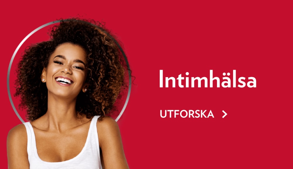 Lycklig kvinna i röd bakgrund med titeln intimhälsa, klicka på länktexten och utforska